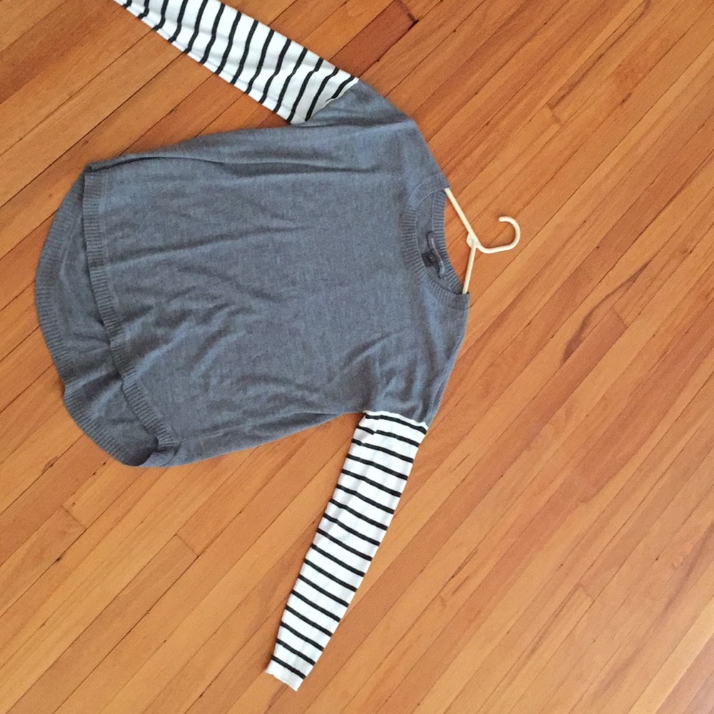 Grey and black/white striped long sleeve shirt